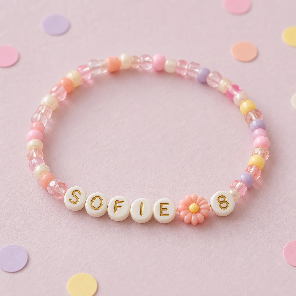 Conceptbeeld van een feestelijke Birthday Bracelet met de naam SOFIE en leeftijd 8.
